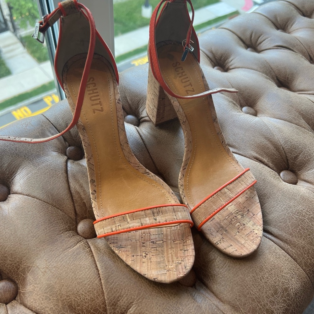 SCHUTZ Cadey Lee Cork Orange and Tan Heels